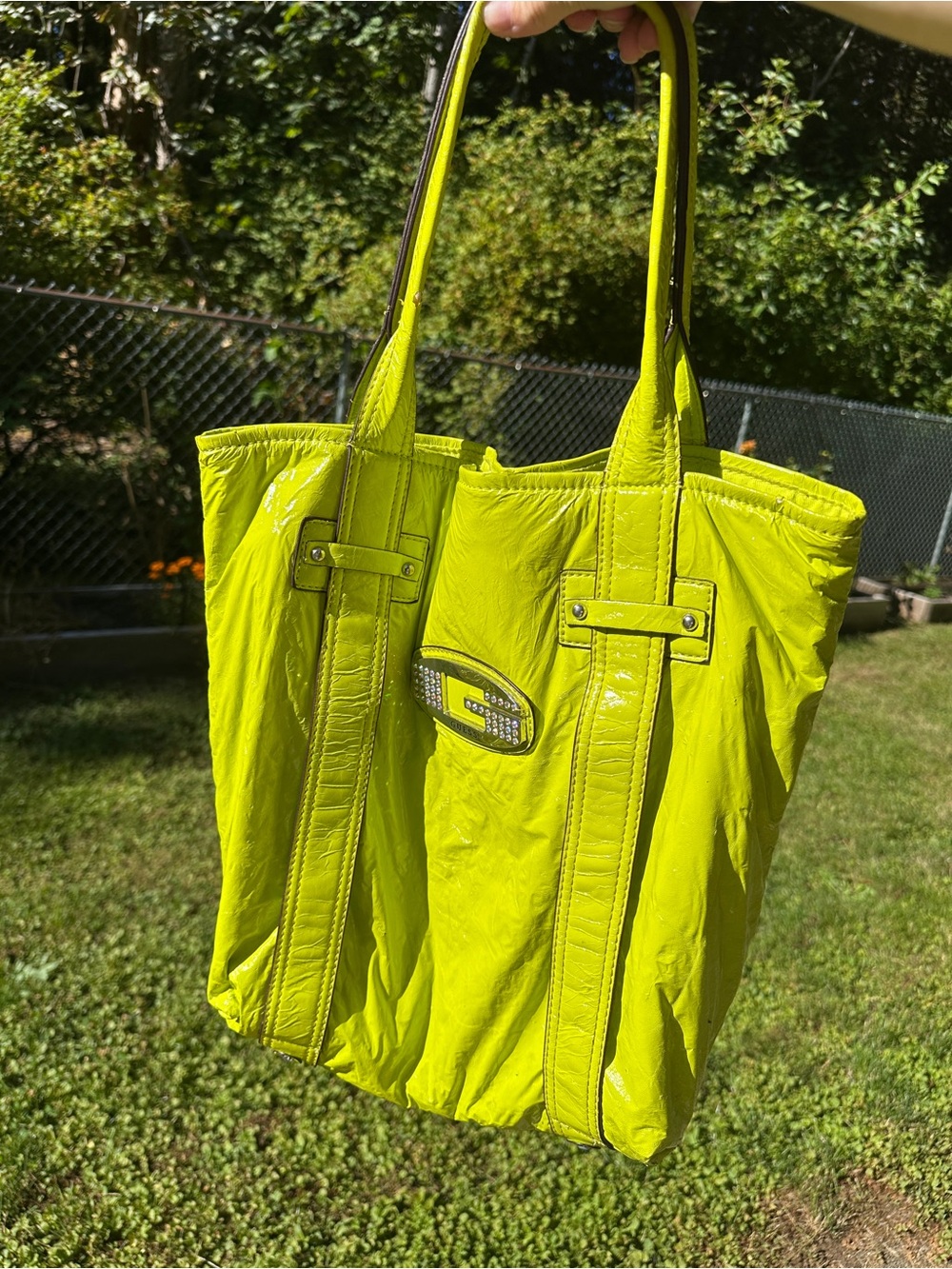 Vintage GUESS Lime Green Patent Leather Tote Bag Y2K Distressed